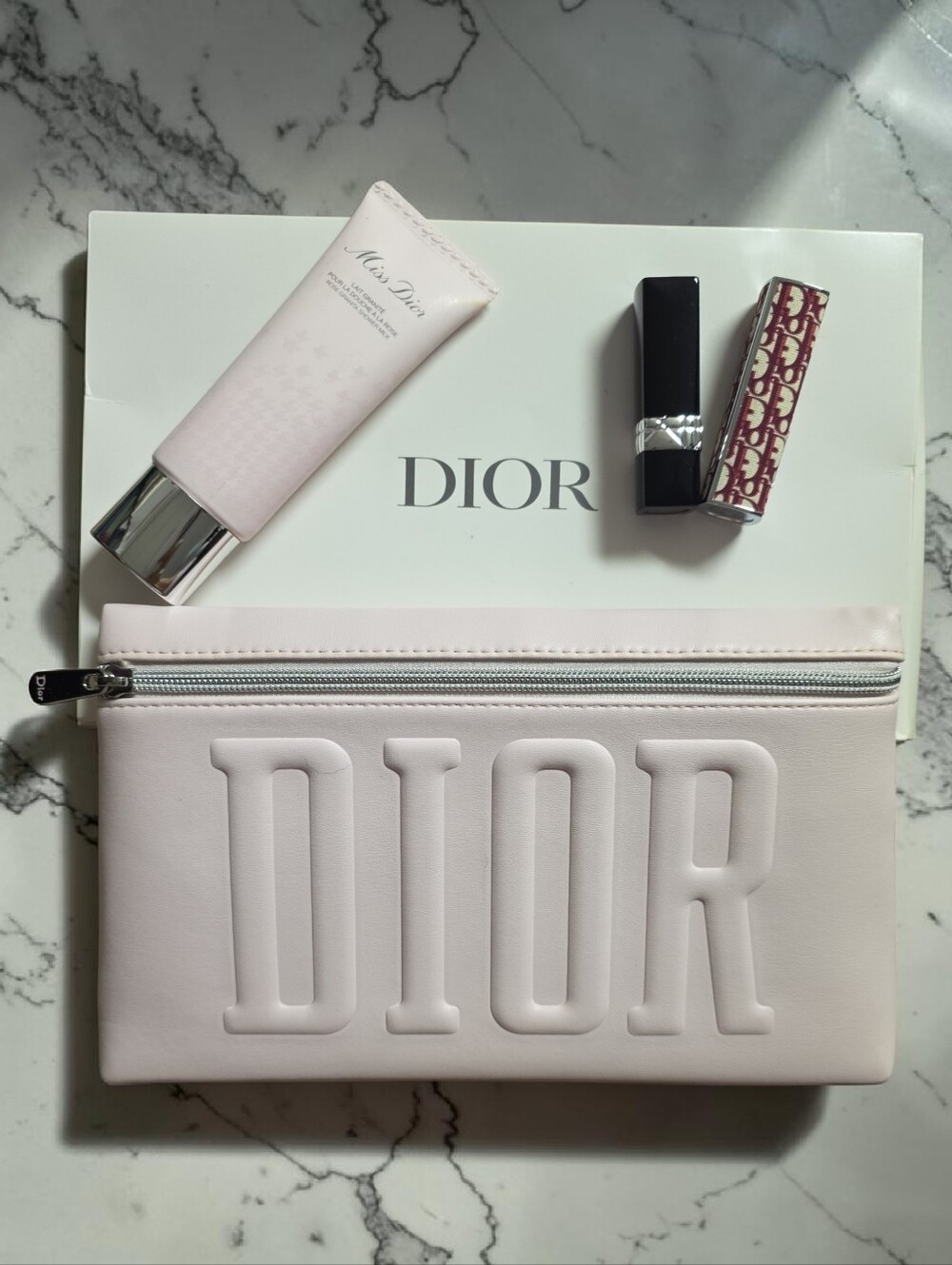 Dior Pale Pink Makeup Pouch, Lip stick Case, Shade 999 And Miss Dior Shower Milk